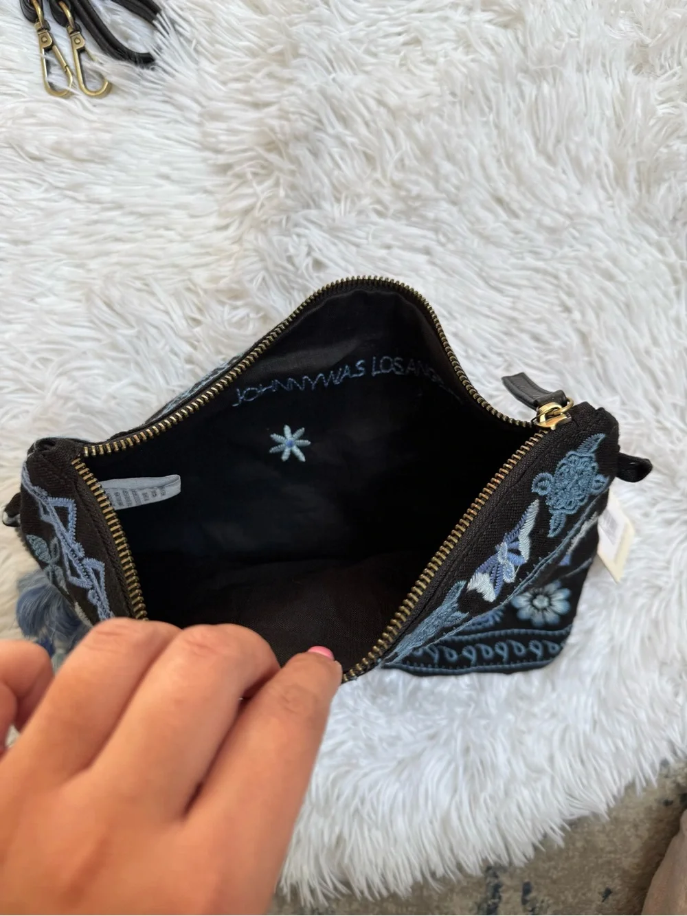 NWT Johnny Was Black & Blue Embroidered Crossbody Clutch
